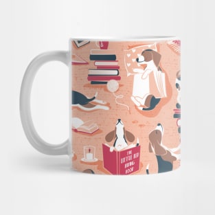 Life is better with books a hot drink and a friend // pattern // coral background brown white and blue beagles and cats and red cozy details Mug